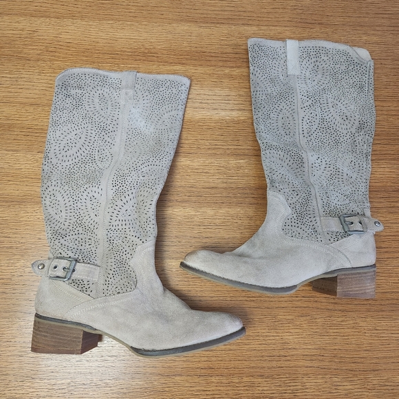 naughty monkey Shoes - Naughty Monkey 'Ziba' Laser Cut Suede Leather Knee High Boots in Taupe